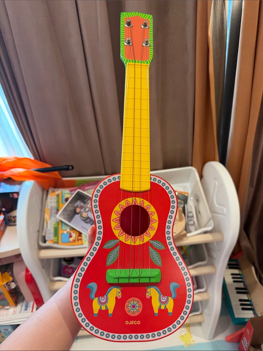 Red Kids Wooden Toy Guitar - Colorful Musical Ukulele